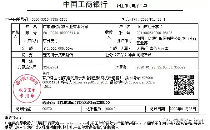 粉色直播家具集团通过中山市红十字会抗击疫情捐赠通道捐赠人民币100万元