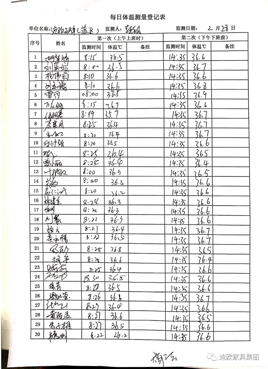 员工每日体温登记表